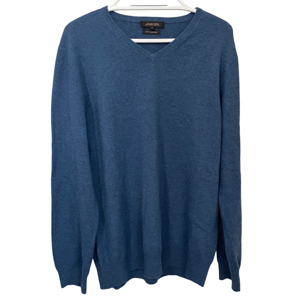Jaeger Mens XL Blue Wool Cashmere Blend V-Neck Sweater Knit Pullover